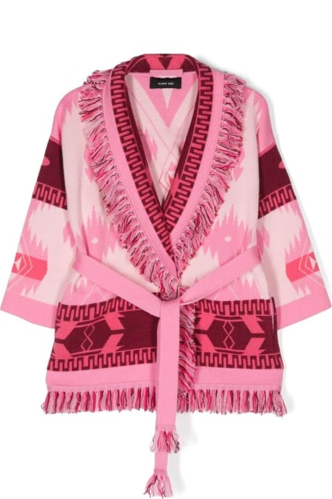 Alanui for Kids Alanui Pink Cardigan With Graphic Jacquard Motif All-over In Wool