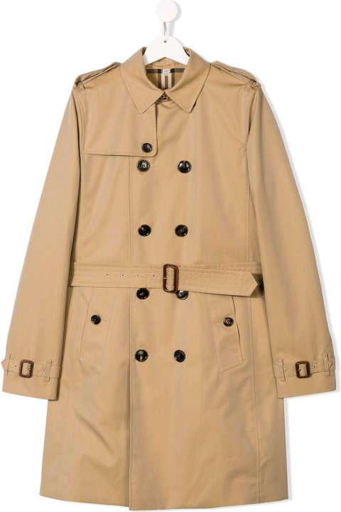 Burberry Kids Girl's Double-breasted Beige Cotton Trench Coat With Vintage Check Inserts