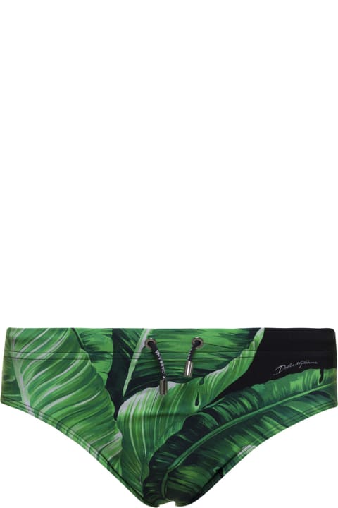 Swimwear for Men Dolce & Gabbana Green Banana Leaf Print Swim Trunks In Polyester Man