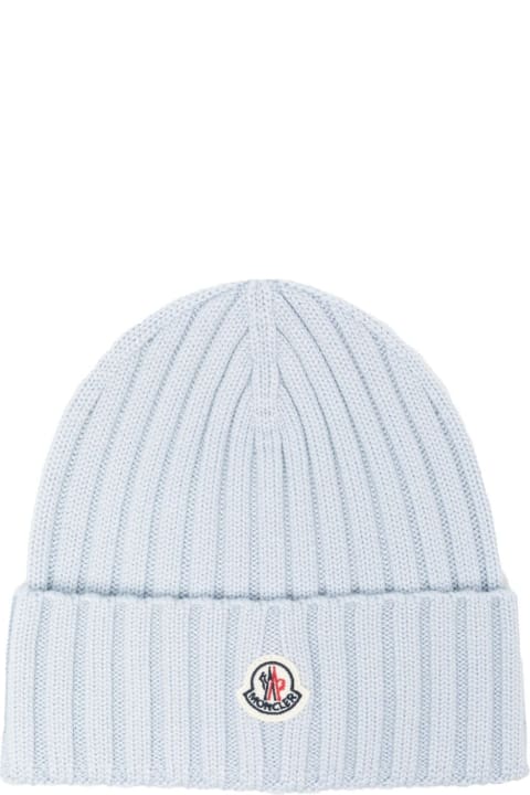 Hats for Women Moncler Bright Blue Ribbed Wool Beanie With Logo