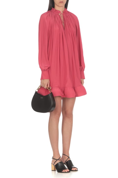 Lanvin for Women Lanvin Short Dress In Watermelon Charmeuse With Long Sleeves And Ruffles