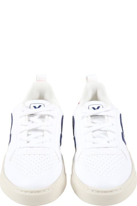 White Sneakers For Kids With Blue Logo