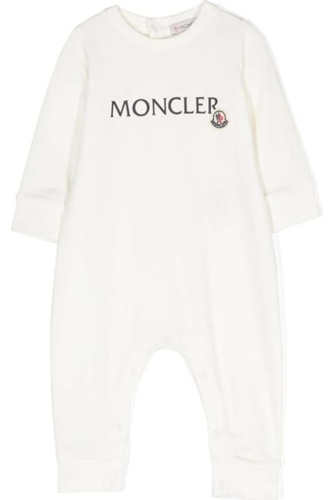 خصم على الأطفال Moncler White Romper With Print And Logo Patch In Stretch Cotton Baby