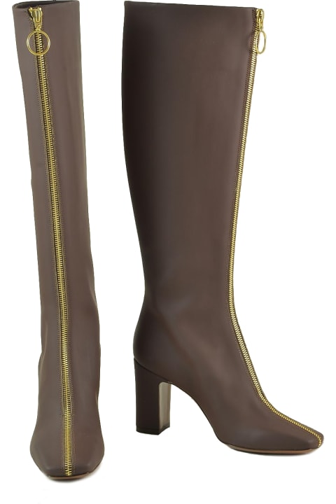 Brown Leather Gold-tone Zippered Boots