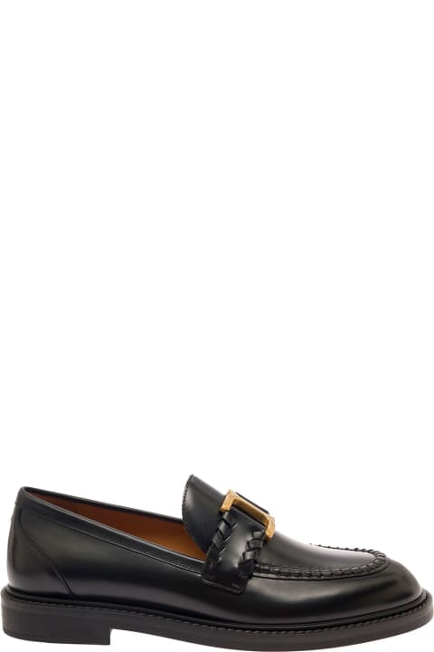 Chloé 
marcie
 Black Loafers With Gold-colored Metal Logo In Smooth Leather Woman