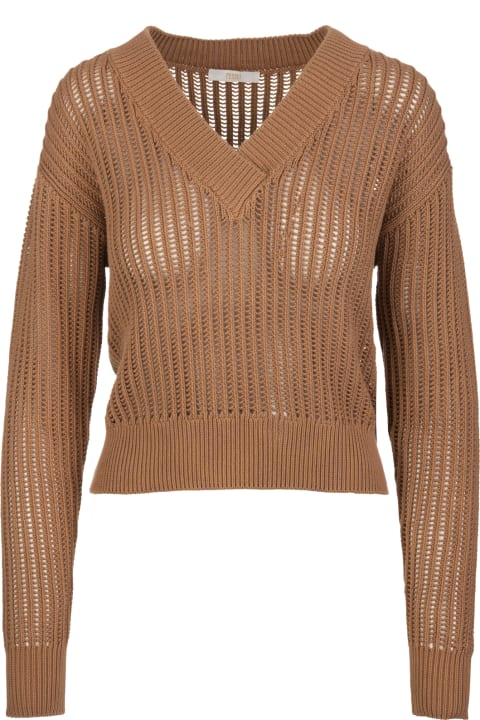Woman Pullover In Camel Knit With V-neck