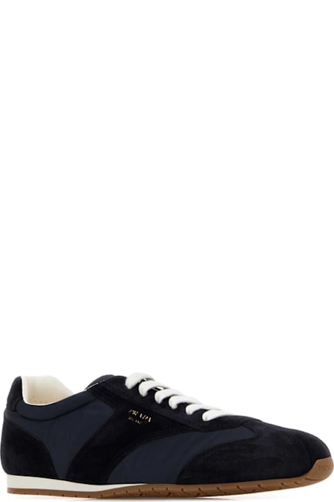 Prada Dark Blue Suede And Fabric Sneakers