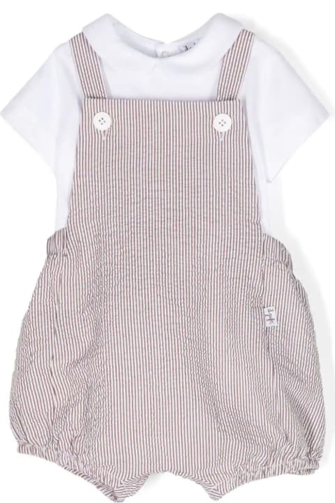 Il Gufo for Kids Il Gufo White And Brown Two Piece Set With Seersucker Dungarees