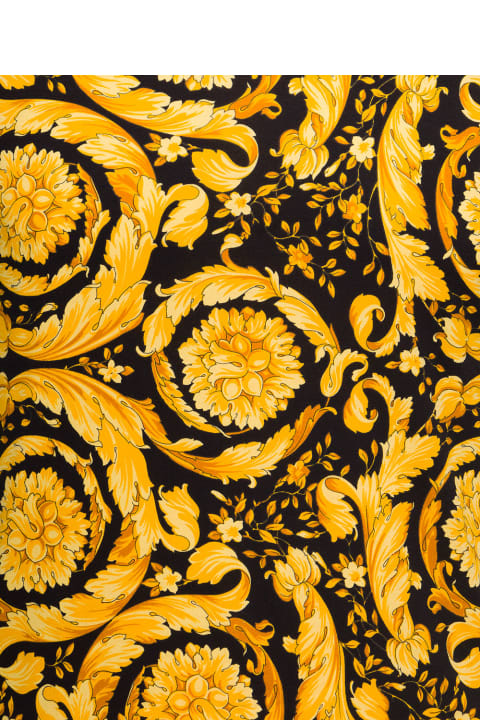 Black And Yellow Crewneck T-shirt With All-over Barocco Print In Stretch Cotton Man