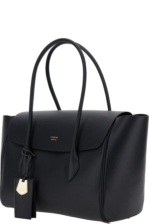 Ferragamo for Women Ferragamo Black Tote Bag With Logo And Plaque Detail In Hammered Leather Woman