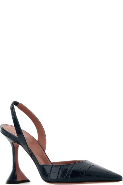 Amina Muaddi Navy Blue Leather Holli Sling Pumps