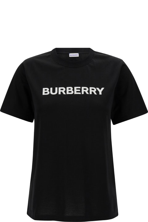Clothing for Women Burberry Black Crewneck T-shirt With Contrasting Logo Print In Cotton Woman