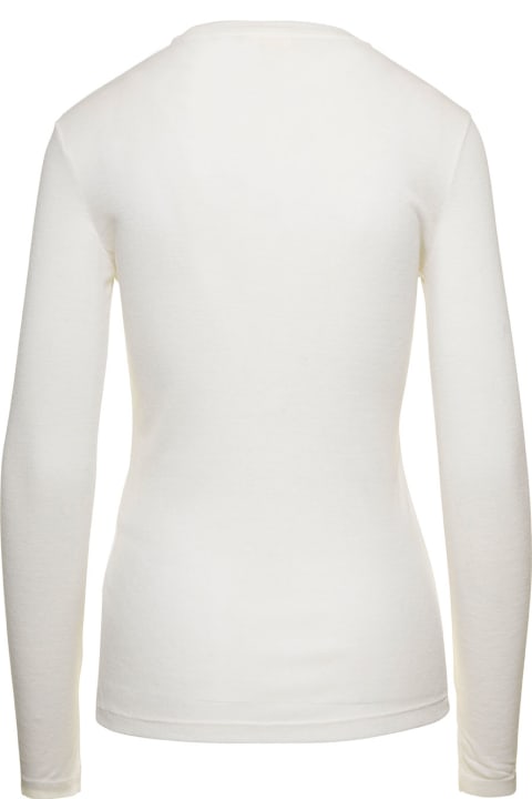 White Crewneck Long Sleeve T-shirt In Wool Woman
