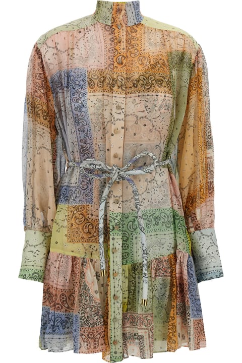 Fashion for Women Zimmermann Mini Multicolor Patchwork Dress With Belt In Cotton And Silk Woman