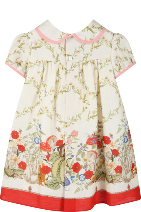 Ivory Dress For Baby Girl With Floral Print.