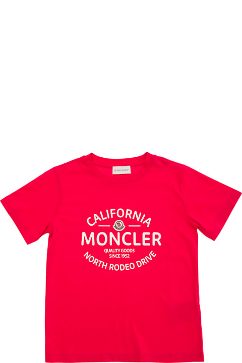 آخر صيحات الموضة من الأطفال Moncler Red Crewneck T-shirt With Logo Print And Patch In Cotton Boy