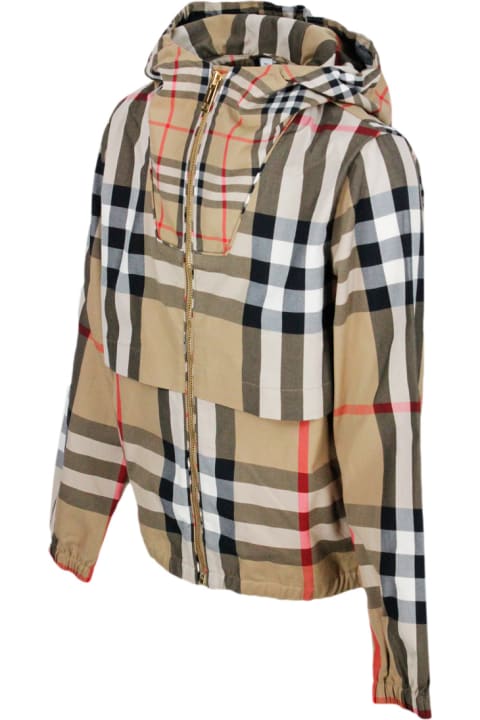 Sale for Girls Burberry Cotton Jacket With Hood And Zip Closure In Beige Classic Check