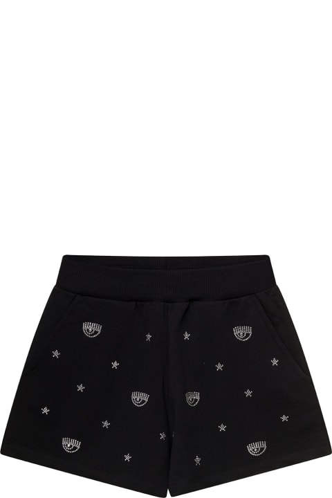 Black Shorts With Rhinestone Embellished Logo In Stretch Cotton Girl