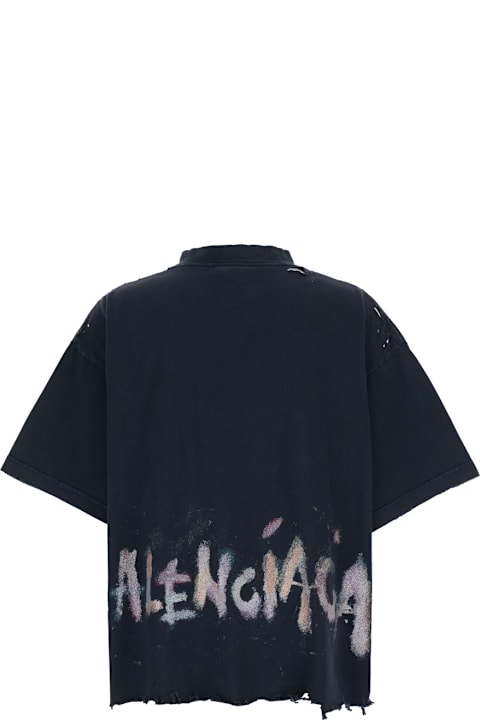 Topwear for Women Balenciaga Black T-shirt With Logo Embroidery On The Front And Maxi Logo Lettering On The Rear In Cotton Woman