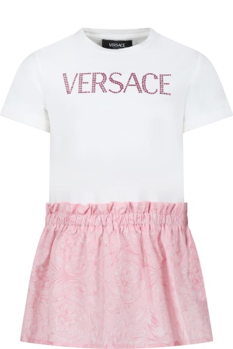 Dresses for Girls Versace Pink Dress For Girl With Baroque Print And Rhinestone Logo