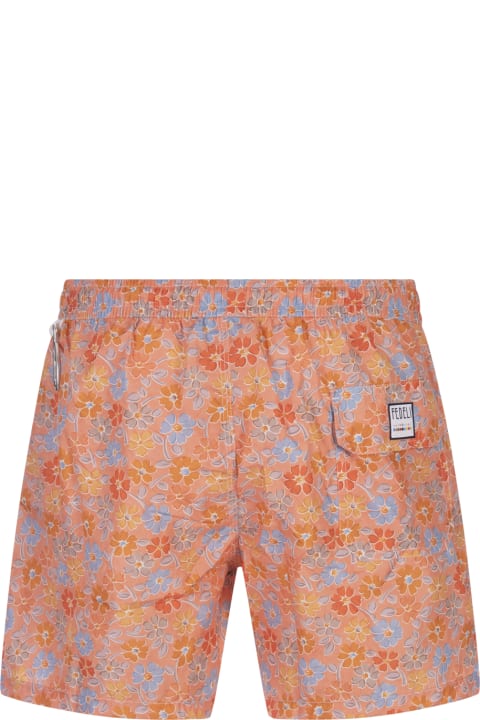 Fedeli for Men Fedeli Orange Swim Shorts With Multicoloured Flower Pattern