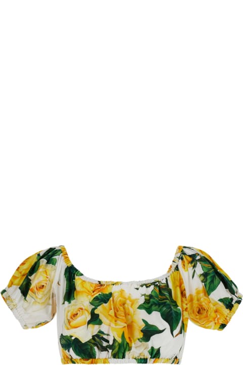 Yellow Crop Top With All-over Flower Print In Cotton Woman