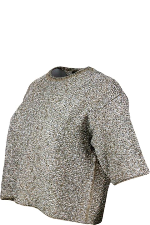 Fabiana Filippi Sweaters for Women Fabiana Filippi Short-sleeved Crew-neck Sweater In Cotton Ribbon Embellished With Brilliant Golden Lurex Threads