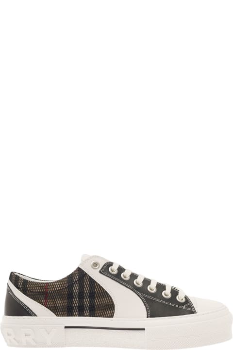 Brown Sneakers Wth Vintage Check Mesh Motif In Calf Leather And Cotton