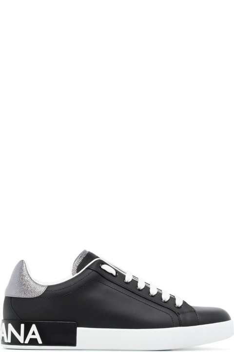 Dolce & Gabbana Man's Black Leather Sneakers With Silver Heel Tab And Logo Print