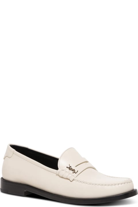 Monogram White Leather Loafers Saint Laurent Woman