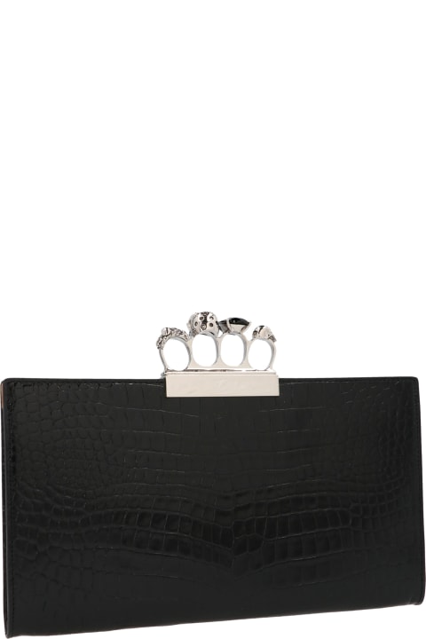 Clutches for Women Alexander McQueen Black Four-ring Skull Flat Clutch With Crocodile Effect