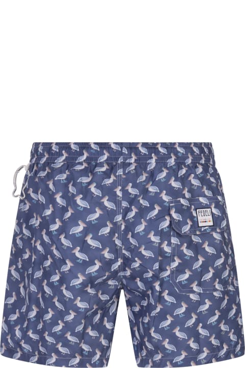 Swimwear for Men Fedeli Blue Swim Shorts With Pelican Pattern