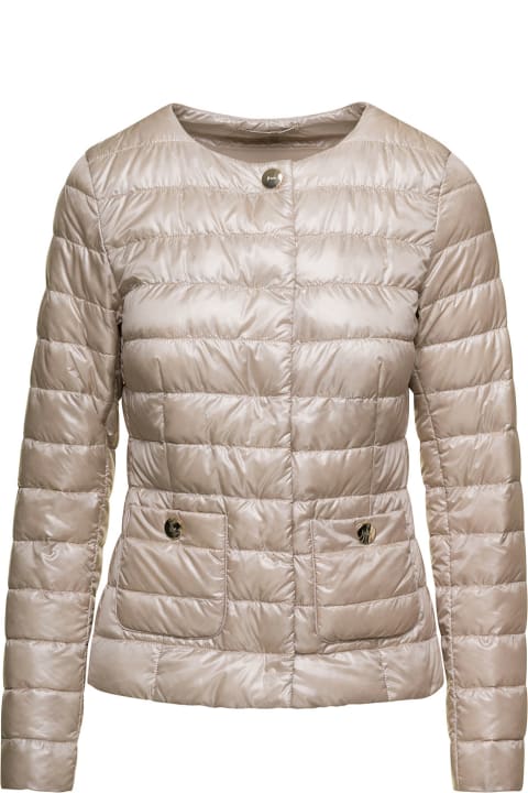 Beige Crewneck Down Jacket With Concealed Fastening In Ultralight Nylon Woman