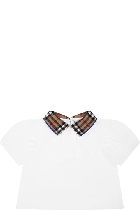 ベビーボーイズ トップス Burberry White T-shirt For Baby Girl With Vintage Check On The Collar