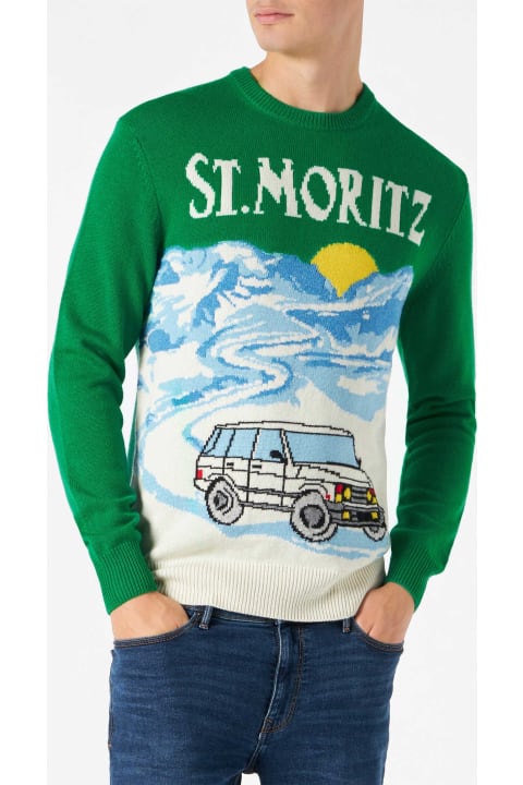 Homeware MC2 Saint Barth Crewneck Sweater With St. Moritz Postcard Jacquard