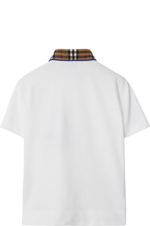 Burberryのボーイズ Burberry 'johanne' White Polo Shirt With Check Motif Collar In Cotton Boy