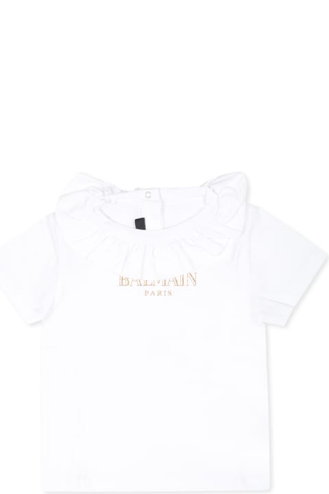 Balmain قمصان بياقة دائرية وقمصان البولو لـ رُضع أولاد Balmain White T-shirt For Baby Girl With Logo