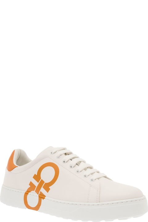 Ferragamo Shoes for Men Ferragamo White Low Top Sneakers With Gancini Logo Print In Leather Man