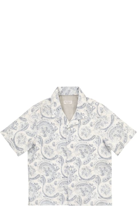 Paisley Print Linen Short-sleeved Shirt With Camp Collar