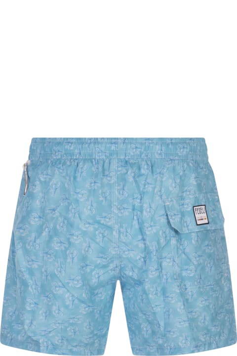 Swimwear for Men Fedeli Light Blue Swim Shorts With Lobster Pattern