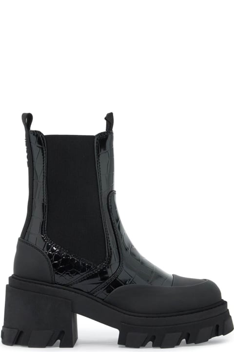 آخر صيحات الموضة من السيدات Ganni Cleated Heeled Mid Chelsea Patent Croco Boot