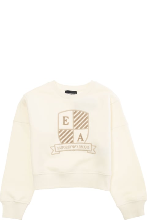 Emporio Armani ملابس علوية لـ بنات Emporio Armani White Sweatshirt With Jacquard Crest In Cotton Girl