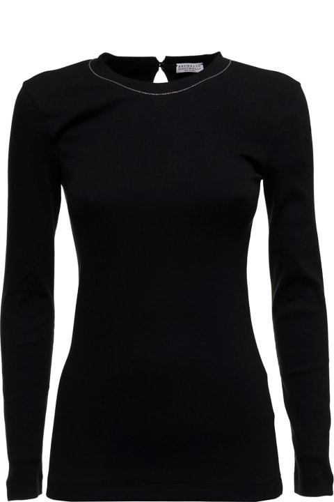 Fashion for Women Brunello Cucinelli Brunello Cucinelli Woman's Long-sleeved Black Cotton T-shirt With Monile Crew Neck