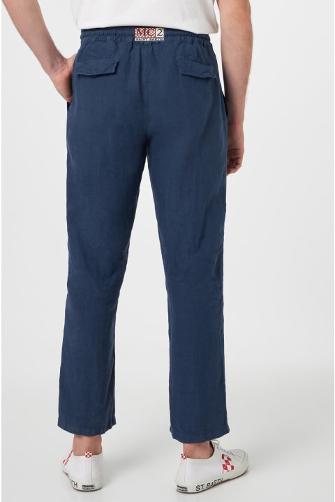 Homeware MC2 Saint Barth Man Navy Blue Linen Calais Pants With Drawstring