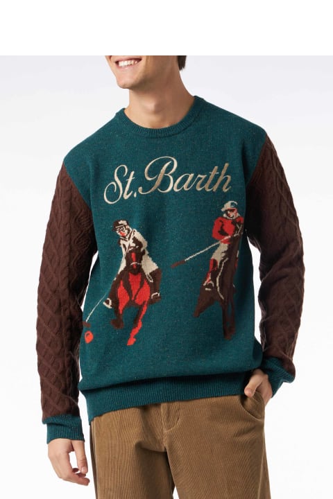 Homeware MC2 Saint Barth Man Crewneck Donegal Sweater With Polo Jacquard