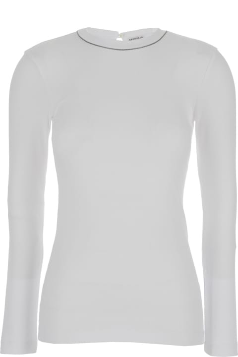Brunello Cucinelli Sweaters for Women Brunello Cucinelli White Long-sleeve Top With Monile Detail In Ribbed Stretch Cotton Woman