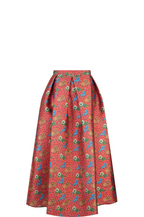 Red Bell Long Skirt With Lions Print