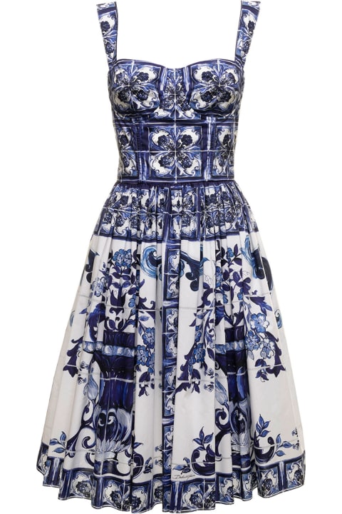 Maiolica  White And Blue Cotton Poplin Dress Dolce & Gabbana Woman
