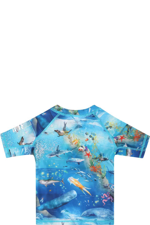 Molo Swimwear for Boys Molo Light Blue T-shirt For Baby Boy With Marine Animals