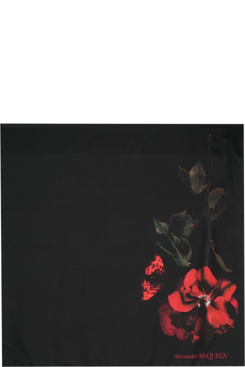 Scarves & Wraps for Women Alexander McQueen Black Silk Scarf With Red Rose Print